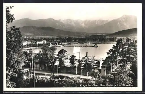 AK Klagenfurt-See, See-Restaurant und Strandhotel mit See- u- Bergblick aus der Vogelschau