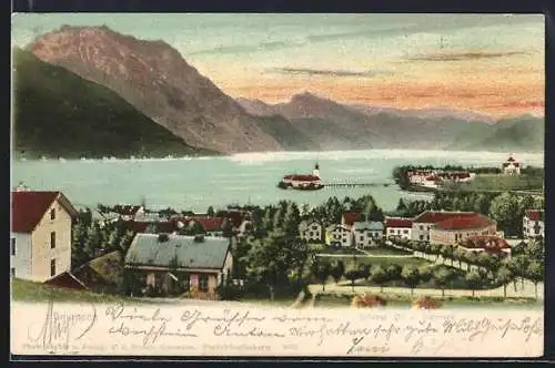 AK Gmunden, Schloss, Ort und Traunsee aus der Vogelschau