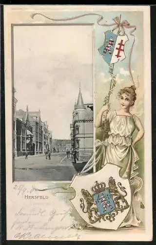 Passepartout-Lithographie Hersfeld, Blick in die Kaiserstrasse, Wappen