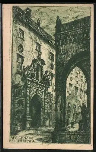 Künstler-AK München, Residenz mit Feldherrnhalle