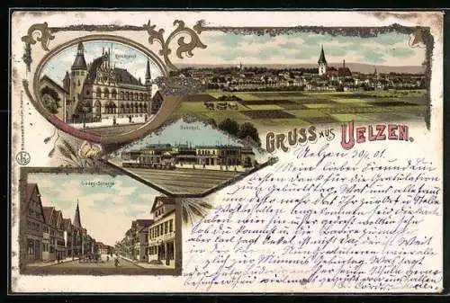 Lithographie Uelzen, Reichspost, Bahnhof, Gudesstrasse, Totalansicht