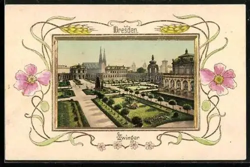 Präge-AK Dresden, Partie beim Zwinger, Blumen-Passepartout