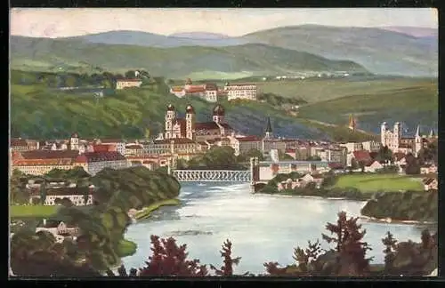 AK Passau, Ortsansicht mit Bayr. Wald