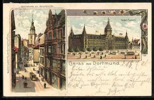 Lithographie Dortmund, Kaiserl. Postamt, Brückstrasse mit Reinoldkirche