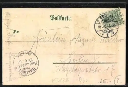Lithographie Dortmund, Kaiserl. Postamt, Brückstrasse mit Reinoldkirche