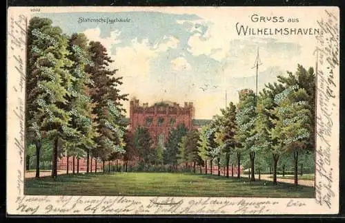 Lithographie Wilhelmshaven, Grünanlage am Stationschefsgebäude