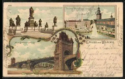 Lithographie Worms, Lutherdenkmal, Neue Strassenbrücke, Denkkmal Grossherzog Ludwig IV