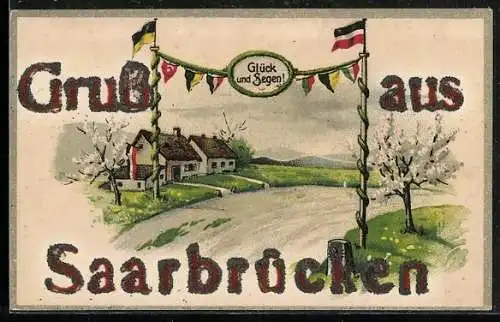 Künstler-AK Saarbrücken, Ortseingang mit Reichsfahne und österr. Fahne