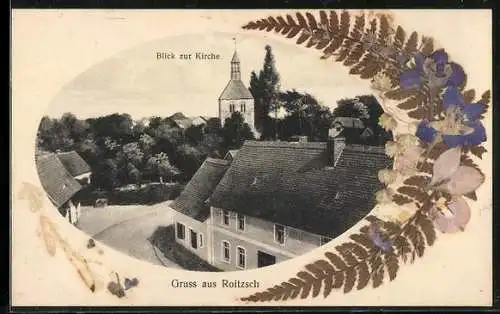 AK Roitzsch / Halle, Blick zur Kirche mit echten getrockneten Blumen