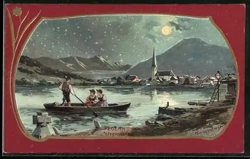 Mondschein-Lithographie Egern a. Tegernsee, Boot auf dem See mit Blick auf den Ort