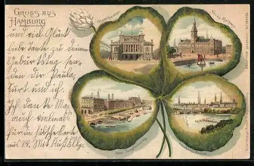 Passepartout-Lithographie Hamburg, Stadttheater, Neues Rathaus u. Lombards-Brücke im Kleeblatt