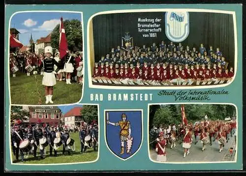 AK Bad Bramstedt, Gruppenbild Musikzug der Bramstedter Turnerschaft von 1861, weiblicher Tambourmajor, Trommler, Wappen