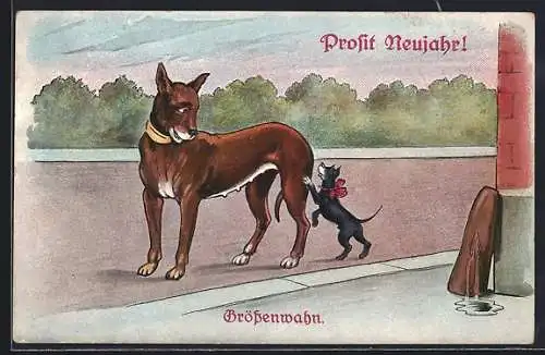 AK Grössenwahn, kleiner Hund mit seinem grossen Freund, Tierfreundschaft
