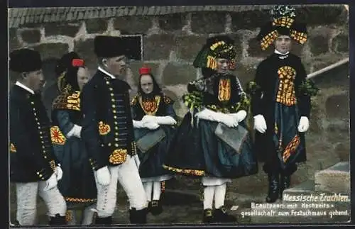 AK Brautpaar in hessischer Tracht mit Hochzeitsgesellschaft