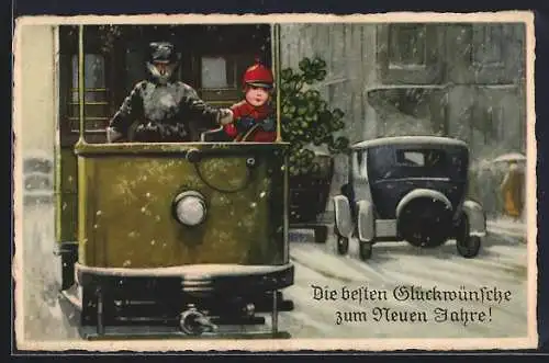AK Junge mit Kleeblättern in Strassenbahn im Winter, Neujahrsgruss