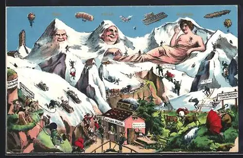 AK Eiger, Enzian-Hütte mit Mönch und Jungfrau, Berg mit Gesicht / Berggesichter, Zeppelin, Flugzeug, Ballon