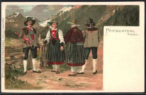 Lithographie Pfitschthal, Tiroler in Tracht beim Spazieren
