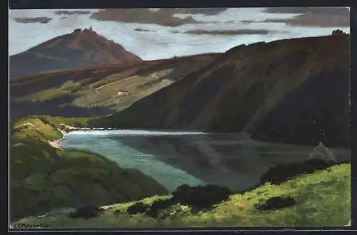 Künstler-AK Carl Ernst Morgenstern: Riesengebirge, Der grosse Teich mit der Schneekoppe
