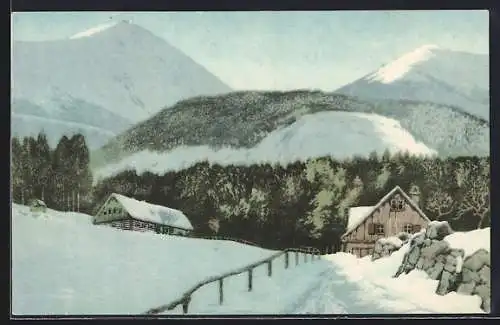 Künstler-AK Friedrich Iwan: Wolfshau mit Schneekoppe, farbige Radierungen aus dem Riesengebirge