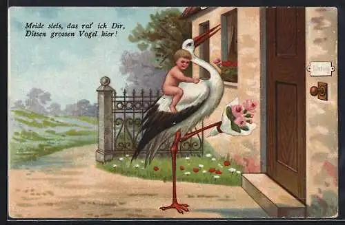 AK Erotik, ein Storch steht mit einem Baby vor einer Tür
