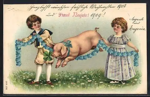 AK Schwein springt über ein Band von Kindern gehalten