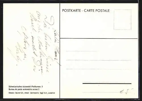 AK Automobil-Postbureau 2 der Schweizerischen Post, Saurer Autobus, Telegraph-Telephon