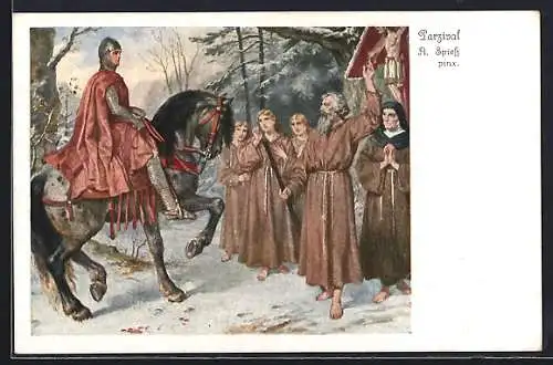 AK Parsival zu Pferd vor einer Gruppe Bürgern