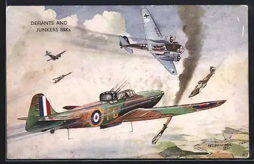 Künstler-AK Flugzeuge Defiants und Junkers 88Ks