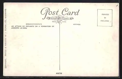 Künstler-AK Flugzeuge Defiants und Junkers 88Ks