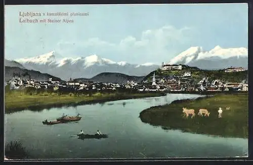 AK Ljubljana / Laibach, kamniskimi planinami, Steiner Alpen vom Fluss aus gesehen
