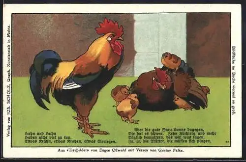 AK Mainz, Verlag von Jos. Scholz, Tierbilder von Eugen Osswald, Hahn, Henne und Küken
