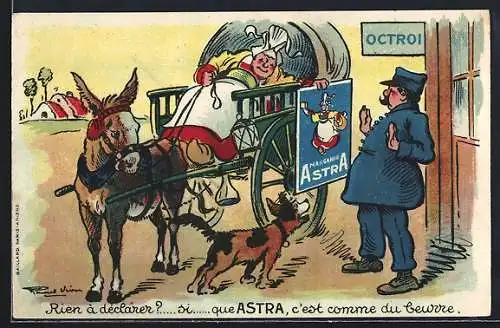 AK Bäuerin im Maultierwagen an der Grenze deklariert Astra-Margarine, Reklame