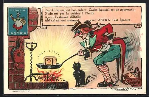 AK Mann hält eine Pfanne mit Margerine Astra über das Feuer, Reklame