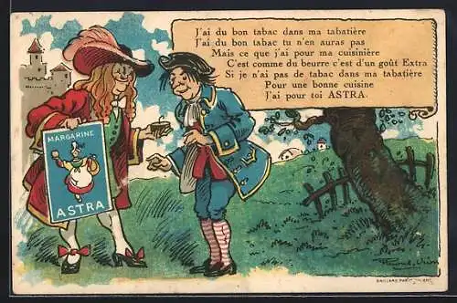 AK Historische Figur mit Tabakdose erklärt seine Vorliebe für Astra-Margarine, Reklame