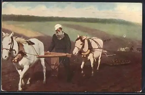 AK Dichter L. Tolstoi beim Pflügen auf dem Acker