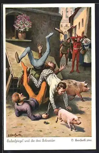 Künstler-AK Oskar Herrfurth: Eulenspiegel und die drei Schneider, Schweine