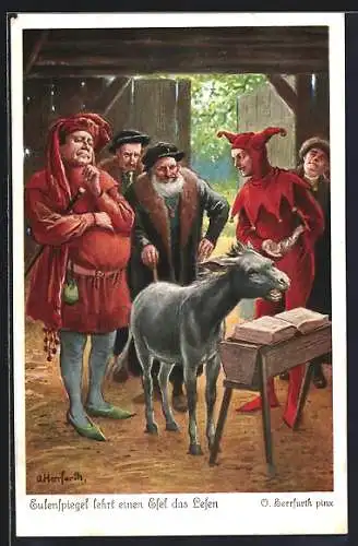 Künstler-AK Oskar Herrfurth: Eulenspiegel lehrt einem Esel das Lesen, Märchen