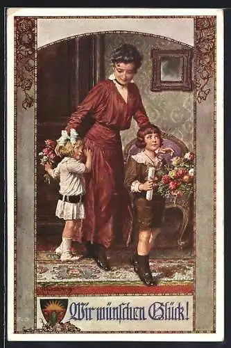 Künstler-AK Franz Kuderna: Deutscher Schulverein Nr. 827: Wir wünschen Glück, Dame mit Kindern