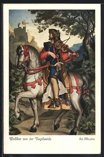 Künstler-AK sign. Ed. Ille: Walther von der Vogelweide reitet fröhlich fiedelnd an einer Burg vorüber