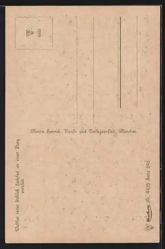 Künstler-AK sign. Ed. Ille: Walther von der Vogelweide reitet fröhlich fiedelnd an einer Burg vorüber