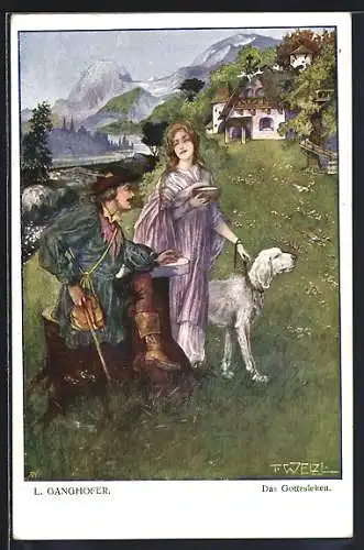 Künstler-AK T.Welzl: Gottesleben, Liebespaar mit weissem Jagdhund
