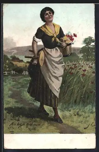Künstler-AK An Irish Milkmaid, Irische Frau in traditioneller Kleidung mit Eimer und Melkschemel