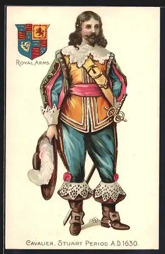 AK Reformation, Cavalier, Stuart Period, A. D. 1630, Wappen Royal Arms, Mann mit Degen und Federhut