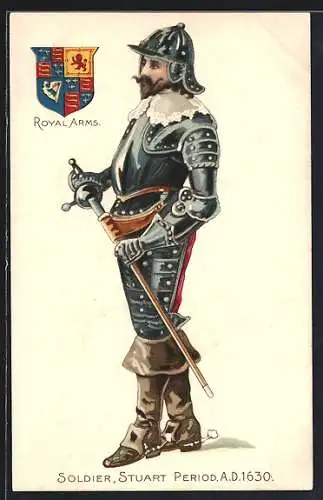 AK Reformation, Soldier, Stuart Period, A. D. 1630, Soldat in Rüstung mit Helm, Wappen Royal Arms