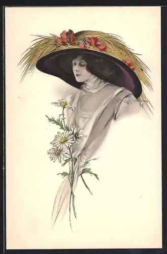 Künstler-AK Schilbach: Dame mit Blume und Hut
