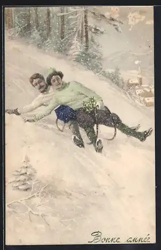 AK Paar bei der Schlittenfahrt im Schneegestöber