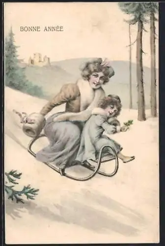 AK Dame mit Mädchen auf einem Schlitten, Neujahrsgruss
