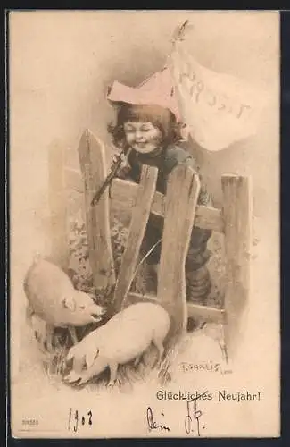 Künstler-AK F. Gareis: Knabe mit Papierhut pinkelt ein Schwein an