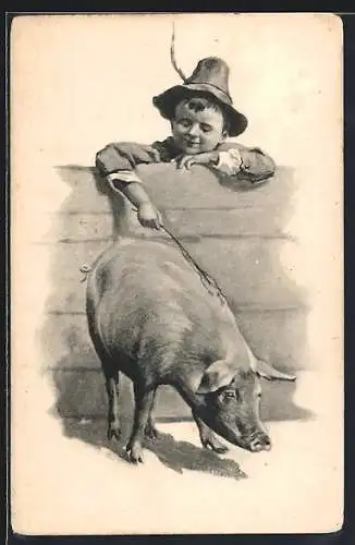 AK Knabe kitzelt ein Schwein, Neujahrsgruss