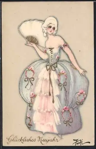 AK Junge Dame im blauen Kleid mit Fächer, Art Deco